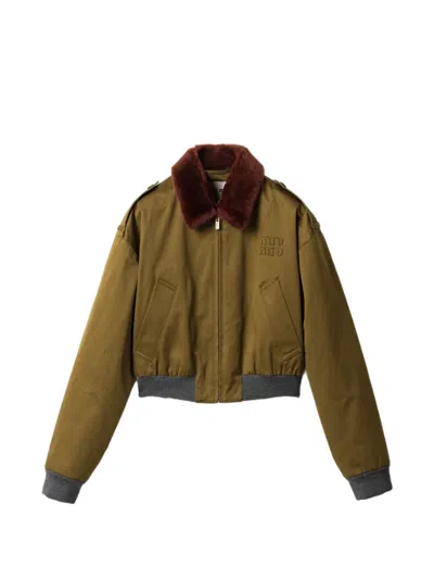 Miu Miu Shearling-collar Logo Bomber Jacket In Green