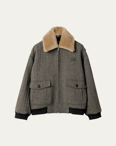 Miu Miu Shearling-collar Wool Tweed Bomber Jacket In Gray