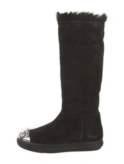 Pre-owned Miu Miu Shearling Crystal Embellishments Boots In Black