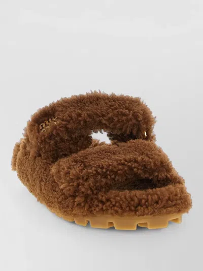 Miu Miu Shearling Faux Fur Sandals Open Toe In Brown