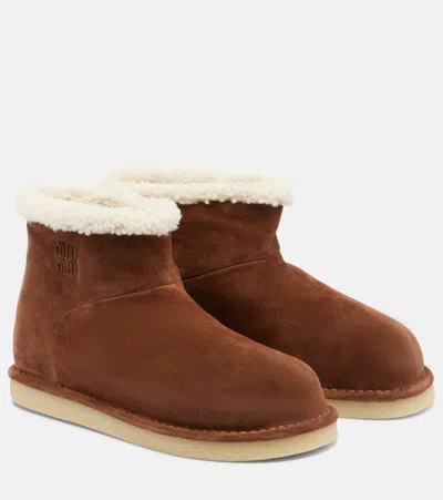 Miu Miu Shearling-lined Suede Ankle Boots In Brown