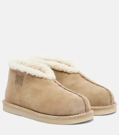 Miu Miu Shearling-lined Suede Ankle Boots In Neutral
