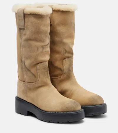 Miu Miu Shearling-lined Suede Knee-high Boots In Brown