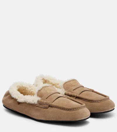 Miu Miu Shearling-lined Suede Penny Loafers In Brown