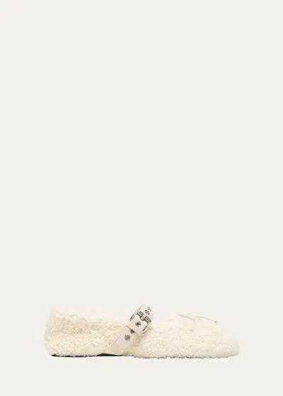 Miu Miu Shearling Mary Jane Ballerina Flats In Naturale