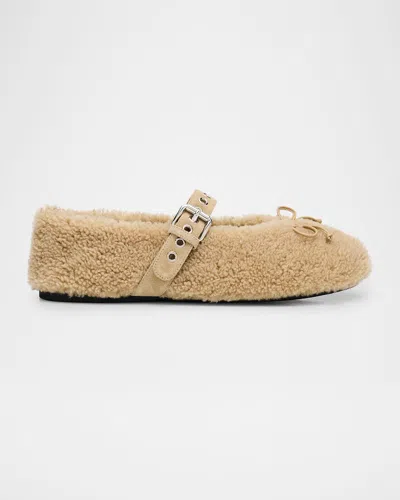 Miu Miu Shearling Mary Jane Ballerina Flats In Nude