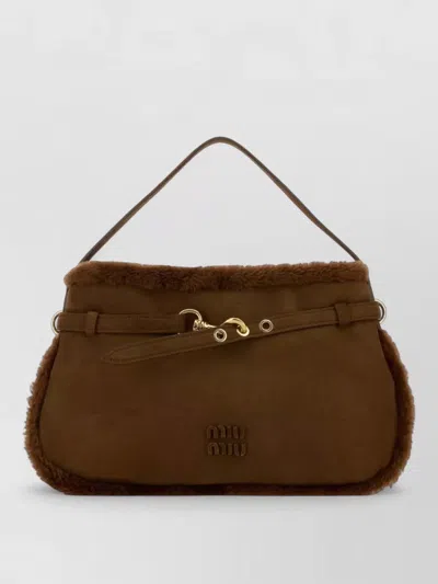 Miu Miu Shearling Shoulder Bag Featuring Fur Trim Handle In Blue