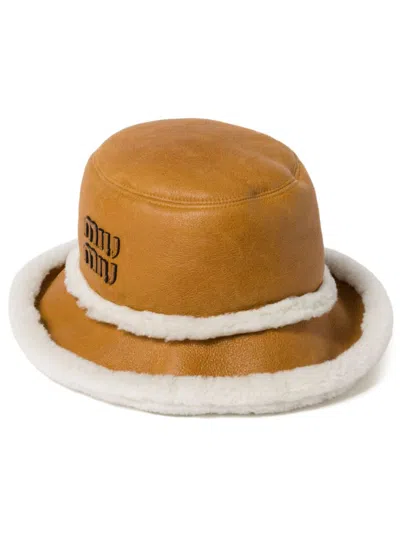 Miu Miu Shearling-trim Bucket Hat In Brown