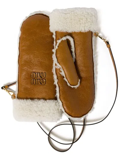Miu Miu Shearling-trim Mitten Gloves In Brown