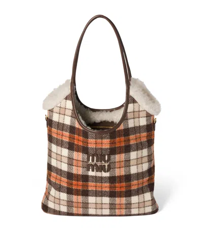 Miu Miu Shearling-trim Plaid Ivy Tote Bag In Brown