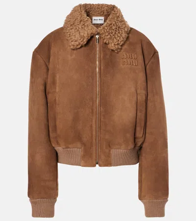 Miu Miu Shearling-trimmed Cropped Suede Jacket In Brown