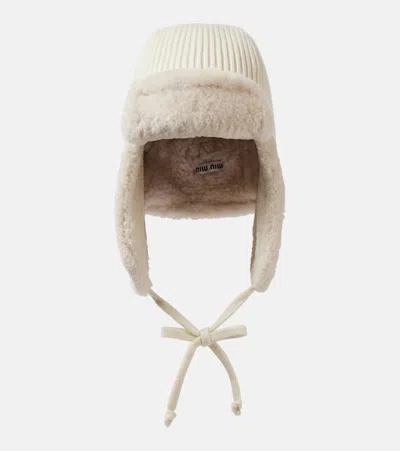 Miu Miu Shearling-trimmed Wool And Cashmere Hat In Neutral