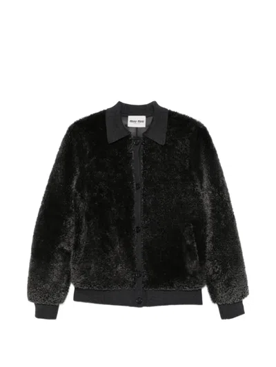 Miu Miu Shearling-finish Button-up Jacket In Black