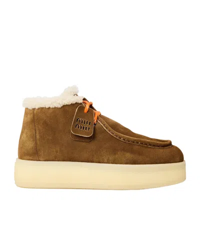 Miu Miu Shearling-lined Suede Ankle Boots In Brown