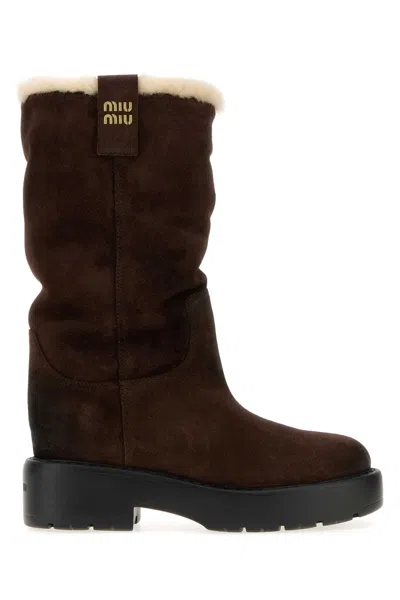 Miu Miu Shearling-lined Suede Boot In Brown