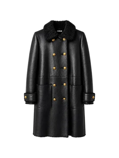 Pre-owned Miu Miu Shearling-trim Double-breasted Coat In Black