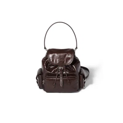 Miu Miu Shiny Leather Backpack In Dark Brown