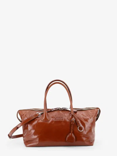 Miu Miu Shiny Leather Handbag With Front Lettering Logo In Brown