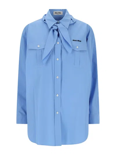 Miu Miu Long-sleeved Poplin Shirt With Scouts Scarf In Blue