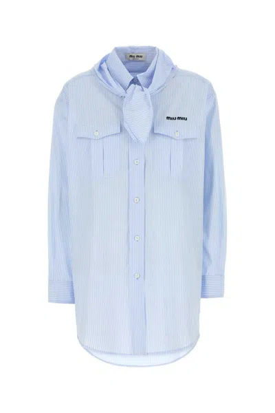 Miu Miu Embroidered Poplin Shirt With Striped Detail In Blue