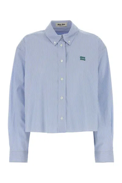 Miu Miu Cropped Cotton Shirt Long Sleeves Stripes In Blue