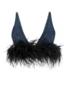Miu Miu Denim Feathers Embellishment Top In Blunero