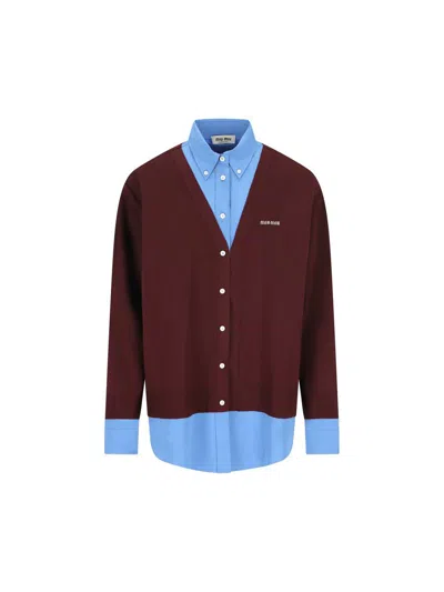 Miu Miu Wool Cardigan With Button-down Collar And Layered Design In Multi