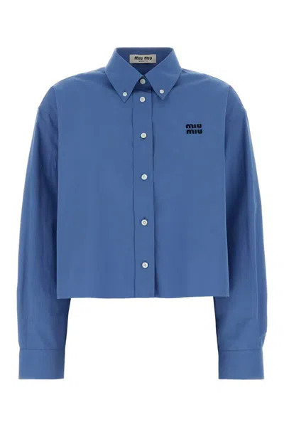 Miu Miu Cerulean Blue Poplin Oversize Shirt In Multi