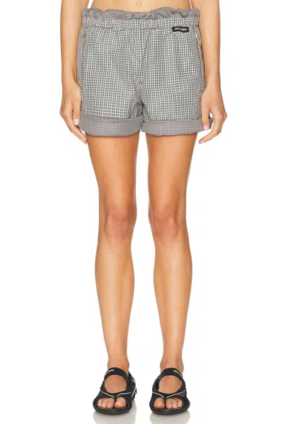 Miu Miu Checkered Pattern Shorts With Embroidered Nylon Blend In Blue