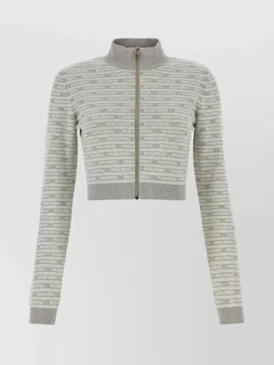 Miu Miu Short Cardigan Knit Mock Neck In Gray