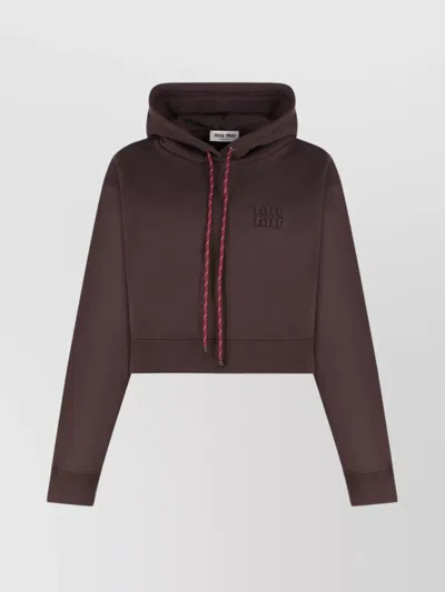 Miu Miu Short Cotton Hoodie With Drawstring And Hood In Brown