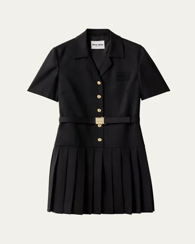 Miu Miu Short-sleeve Button-down Belted Mini Shirtdress In F0002 Nero