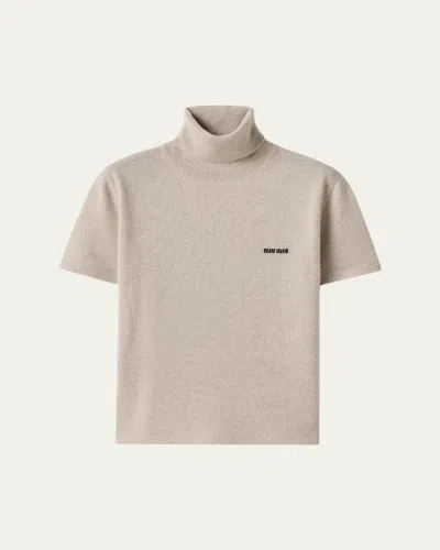 MIU MIU SHORT-SLEEVE CASHMERE TURTLENECK SWEATER