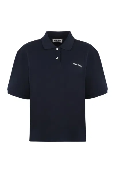 Miu Miu Short Sleeve Cotton Polo Shirt In Blue