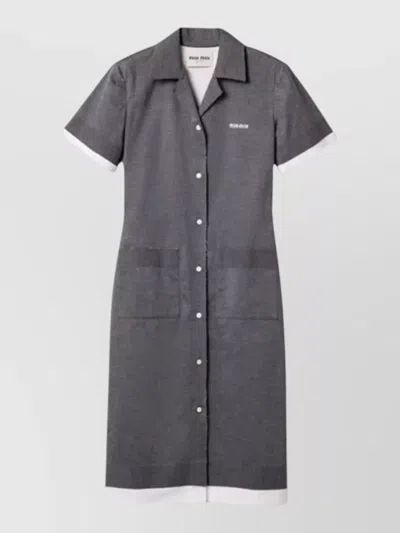 Miu Miu Short Sleeve Dress Contrast Trim Patch Pockets In Gray