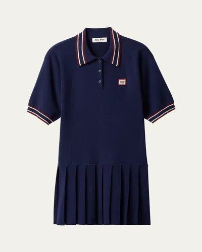 MIU MIU SHORT-SLEEVE PLEATED MINI POLO CASHMERE WOOL DRESS