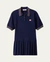 Miu Miu Short-sleeve Pleated Mini Polo Cashmere Wool Dress In F0124 Navy