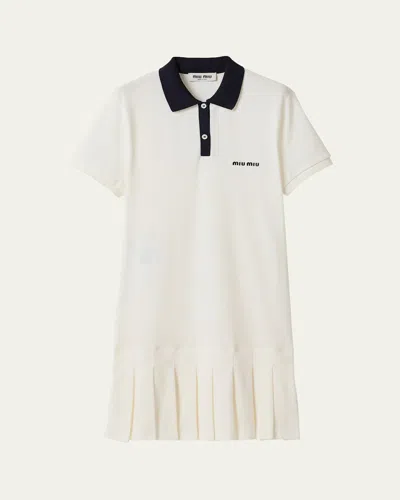 Miu Miu Short-sleeve Pleated Mini Polo Dress In F0009 Bianco