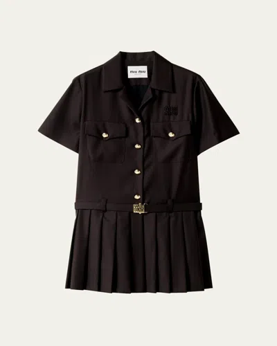 Miu Miu Short-sleeve Pleated Mini Shirtdress With Belt In Brown