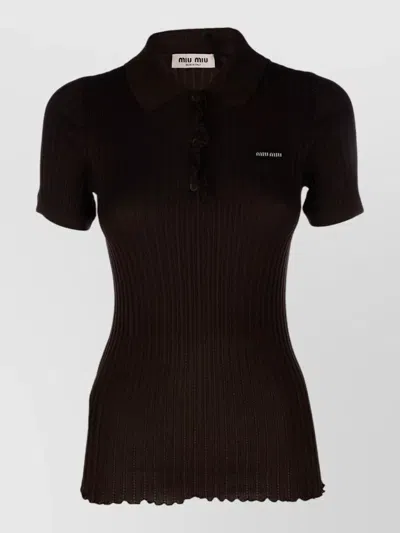 Miu Miu Short Sleeve Polo Top Ribbed Buttons In Brown