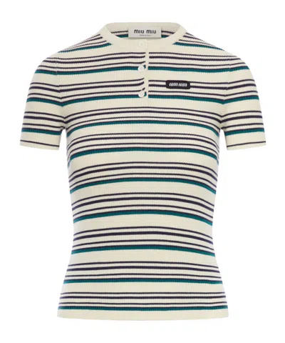 Miu Miu Striped Cotton Crew Neck Sweater In Nude