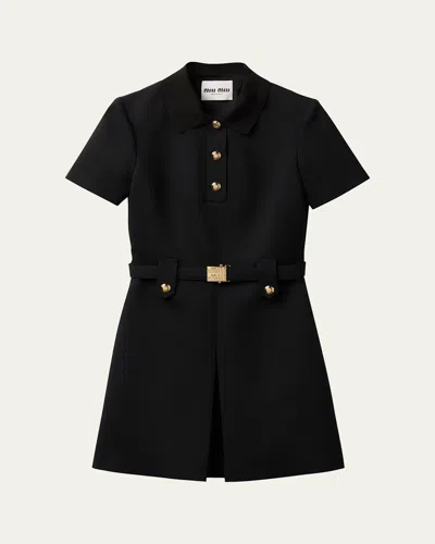 Miu Miu Short-sleeve Wool Mini Dress With Belt In Nero