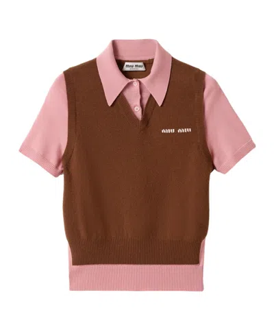 Miu Miu Short-sleeved Cashmere Polo Sweater In Brown