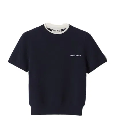 Miu Miu Short-sleeved Cashmere Sweater In F0960 Bleu Bianco