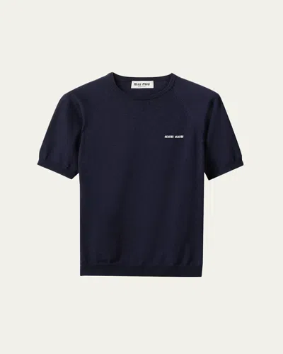 Miu Miu Short-sleeve Wool Crewneck Sweater In Blue
