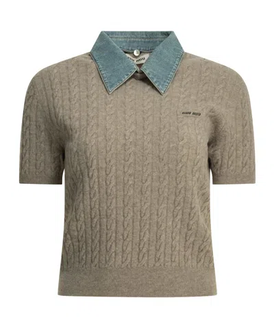 Miu Miu Short-sleeved Knit Polo Shirt In Gray