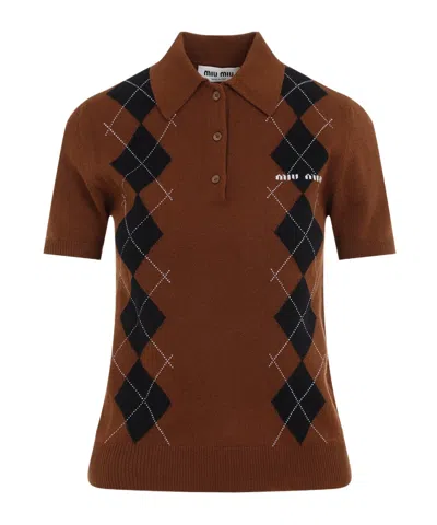 Miu Miu Short-sleeved Knitted Polo Shirt In Brown