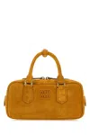 Miu Miu Mustard Suede Arcadie Handbag In Brown