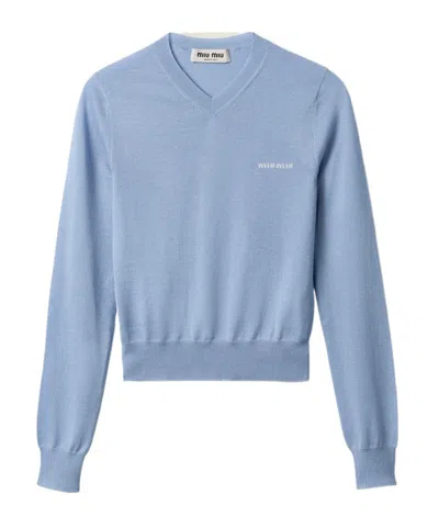 Miu Miu Silk And Cashmere V-neck Sweater In Blue