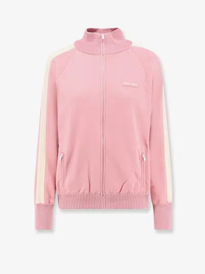 Miu Miu Silk Blend Cardigan With Embroidered Logo Patch In Pink